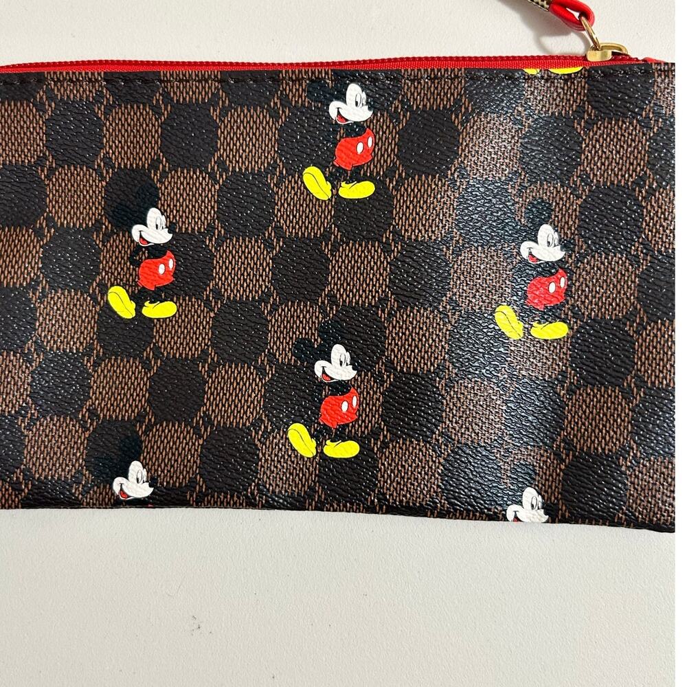 Mickey Mouse Wristlet Faux Leather Brown Checkered with Red Strap - Picture 5 of 10